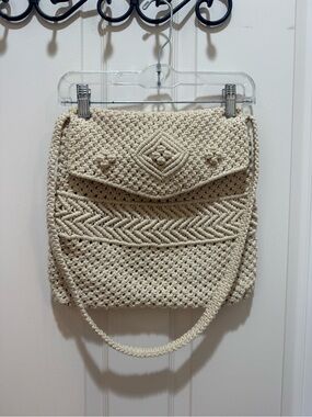 Cream Handwoven Crochet Shoulder Bag with Textured Flap